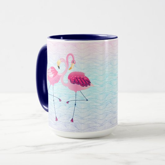 様式化されたビーチの水波にキュートなピンクのフラミンゴ マグカップ (正面左)
