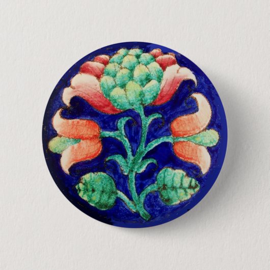 様式化されたピンクの花、青の緑のフローラ 缶バッジ (正面)
