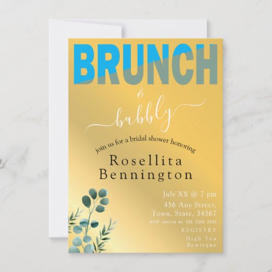 様式化されたブランチとバブリーブライダルシャワー 招待状 (正面)