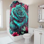 「様式化されたブルーバラと雨滴」 シャワーカーテン (インサイチュ)