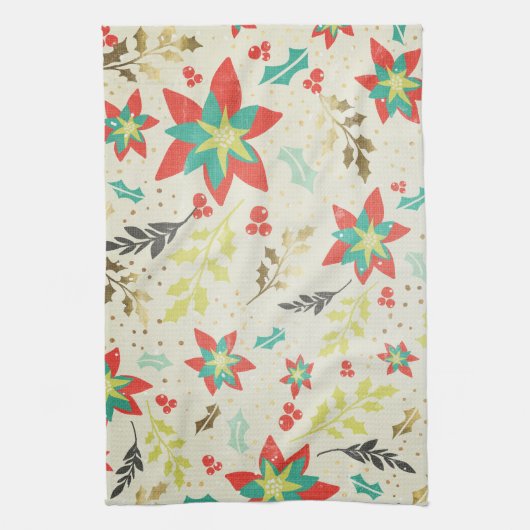 様式化されたポインセチア葉の花と果実 キッチンタオル (縦)