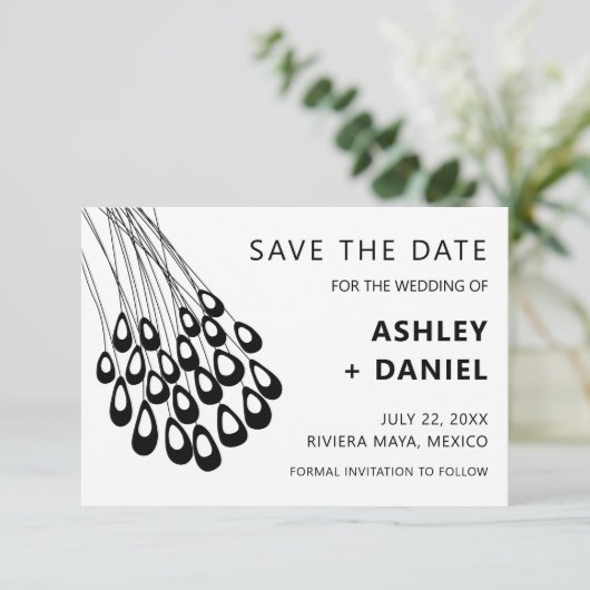 様式化された孔雀の羽の結婚式の日付を保存 セーブザデート (スタンド正面)