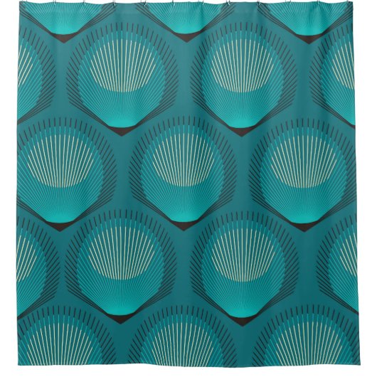 様式化された孔雀の羽ブルータイル シャワーカーテン (正面)