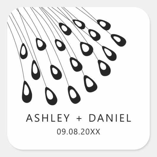 様式化された孔雀の羽モダンのステッカー、メッセージカード スクエアシール (正面)