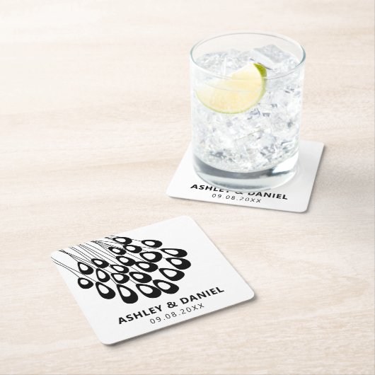 様式化された孔雀モダン羽結婚の羽 スクエアペーパーコースター (インサイチュ)