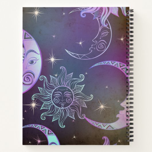 様式化された手描きの太陽の月の顔星の紫 ノートブック (裏面)