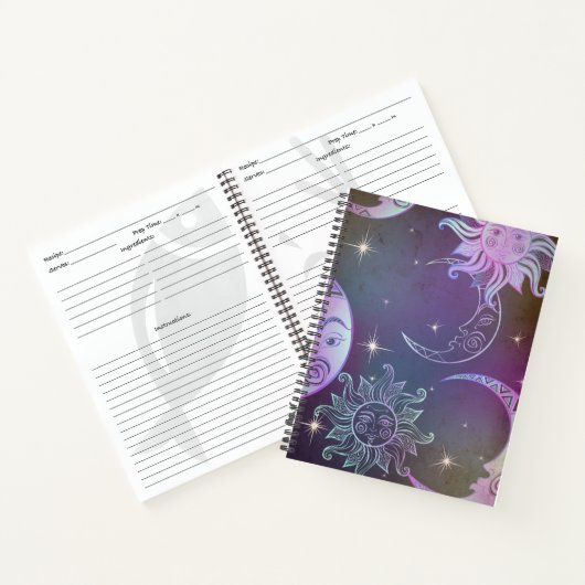 様式化された手描きの太陽の月の顔星の紫 ノートブック (内部)