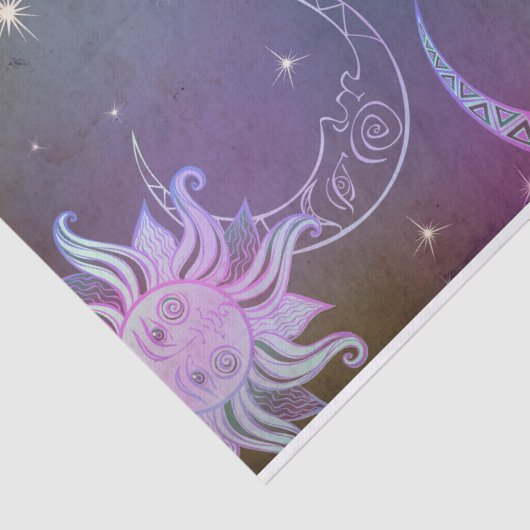 様式化された手描きの太陽の月の顔星の紫 薄葉紙 (詳細)