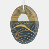 様式化された日月、暗い海のイラストレーション。 ガラスオーナメント (正面左)