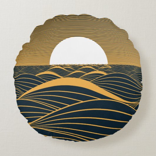 様式化された日月、暗い海のイラストレーション。 ラウンドクッション (正面)