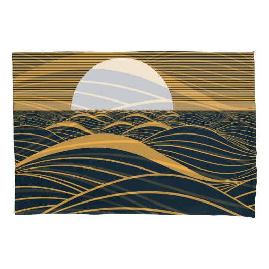 様式化された日月、暗い海のイラストレーション。 枕カバー (正面)