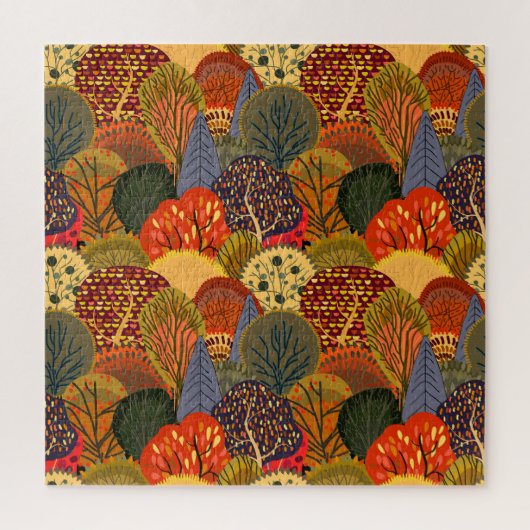 様式化された秋の木、明るい森のパターン。 ジグソーパズル (縦)