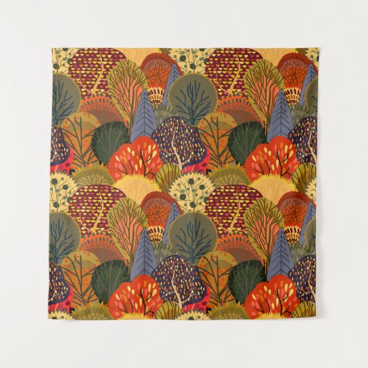 様式化された秋の木、明るい森のパターン。 タペストリー (正面)