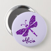 様式化された紫色のトンボの芸術の名前ボタン 缶バッジ (正面&裏面)