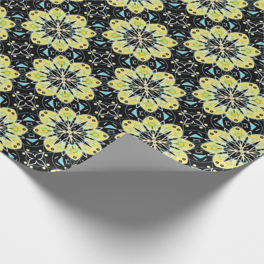 様式化された花の黄色と黒の幾何学的パターン ラッピングペーパー (角)