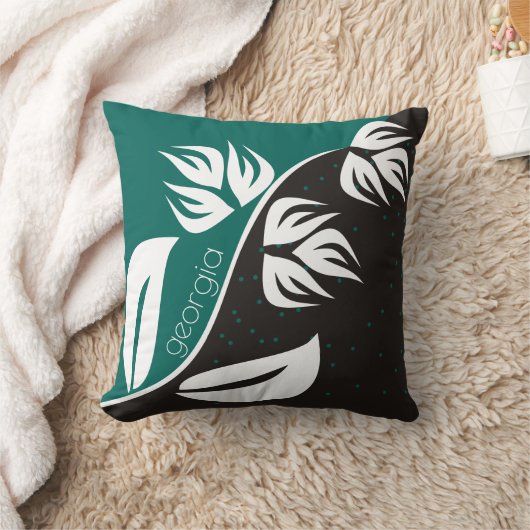 様式化された花の黒とティール(緑がかった色) – 任意の色を選択 クッション (ブランケット)