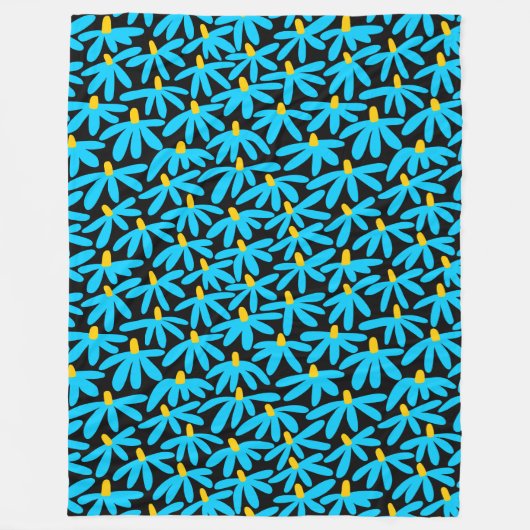 様式化された花 – スカイブルー、琥珀と黒 フリースブランケット (正面)
