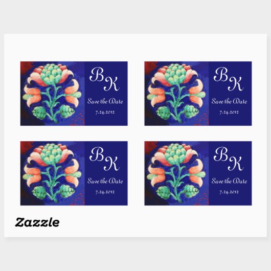 様式化された花、ピンク色の緑の青フローラモノグラム 長方形シール (シート)