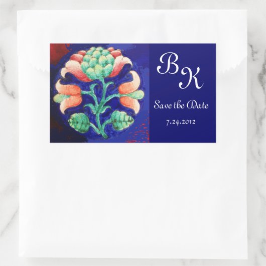 様式化された花、ピンク色の緑の青フローラモノグラム 長方形シール (バッグ)