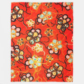 様式化された花,白黒リボン明るい赤 フリースブランケット (正面)