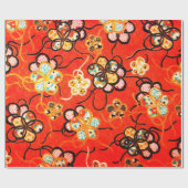 様式化された花，白黒リボン明るい赤 ラッピングペーパー (フラット)