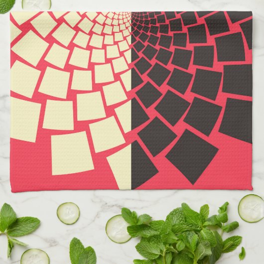 様式化された花:黒い赤いアイボリー キッチンタオル (折り畳み)