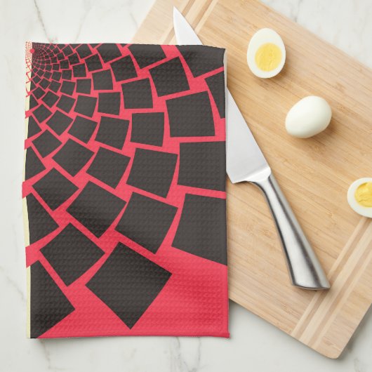 様式化された花:黒い赤いアイボリー キッチンタオル (四つ折り)