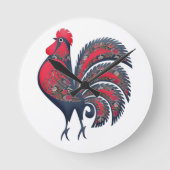 様式化された赤いオンドリ – 家畜。木製壁Ar ラウンド壁時計 (正面)