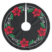 様式化された赤いハイビスカスフラワークリスマスリース ブラッシュドポリエステルツリースカート (正面)