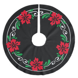 様式化された赤いハイビスカスフラワークリスマスリース ブラッシュドポリエステルツリースカート