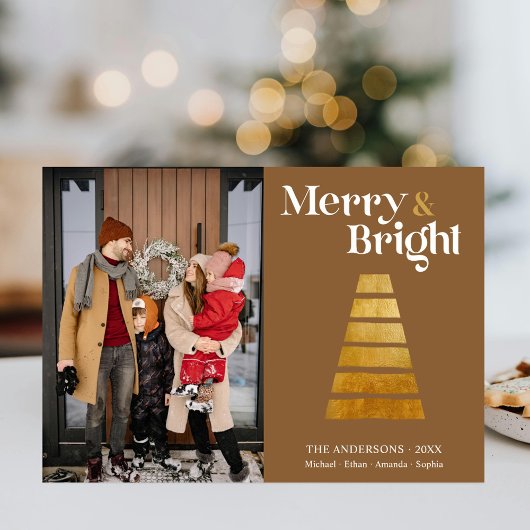 様式化された金ゴールドクリスマスツリーファミリーフォトベージュ シーズンカード