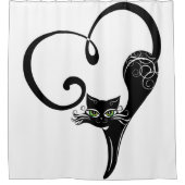 様式化された黒いハート猫 シャワーカーテン (正面)