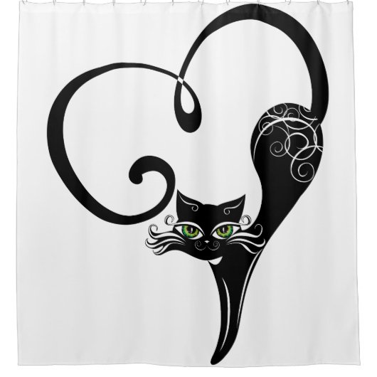 様式化された黒いハート猫 シャワーカーテン (正面)