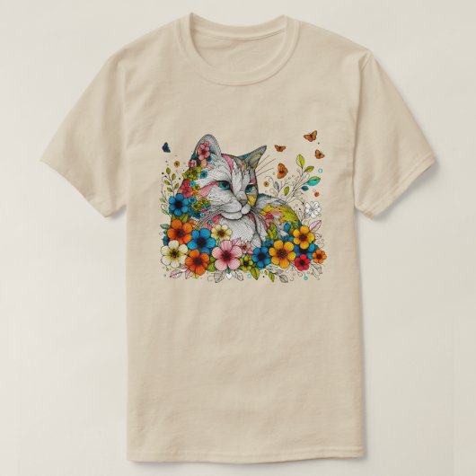 様式化イラストレーションの猫花蝶 Tシャツ (デザイン正面)