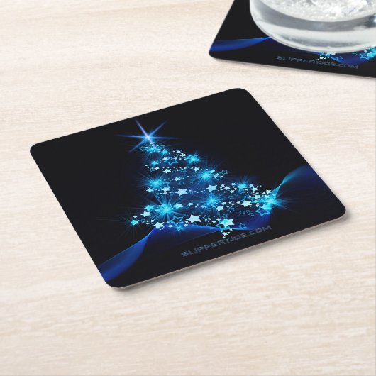 様式化クリスマスツリー滑りやすいジョー白熱［赤熱］光を放つブルーs スクエアペーパーコースター (アングル)