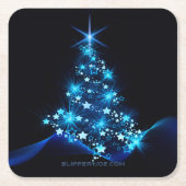様式化クリスマスツリー滑りやすいジョー白熱［赤熱］光を放つブルーs スクエアペーパーコースター (正面)