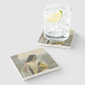 標準旗を縫う（中世の女性） ストーンコースター (横)