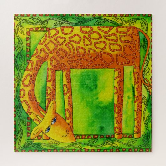 模様のあるキリンの水彩画イラスト ジグソーパズル (横)
