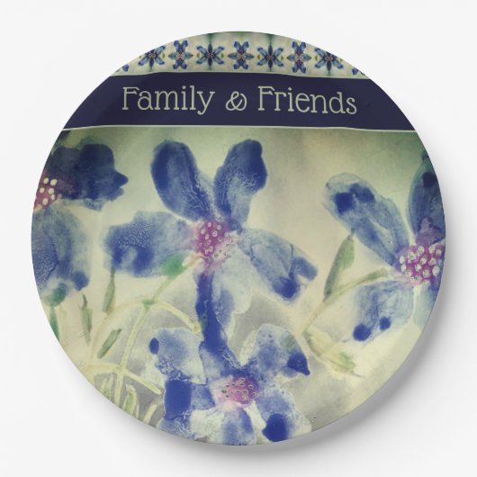 模様の混ざった花が咲く ペーパープレート (正面)