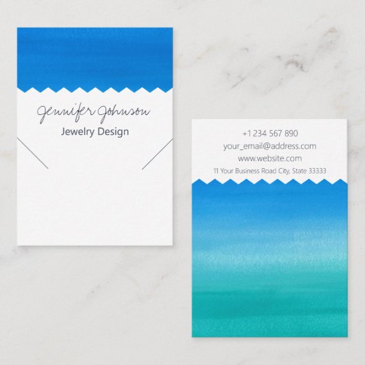 模様水彩青ネックレス表示カード 名刺 (正面/裏面)