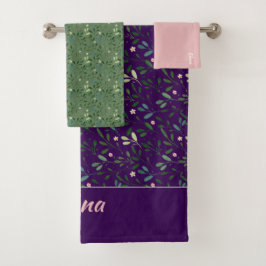 模様緑葉名パープルピンク風呂タオル バスタオルセット