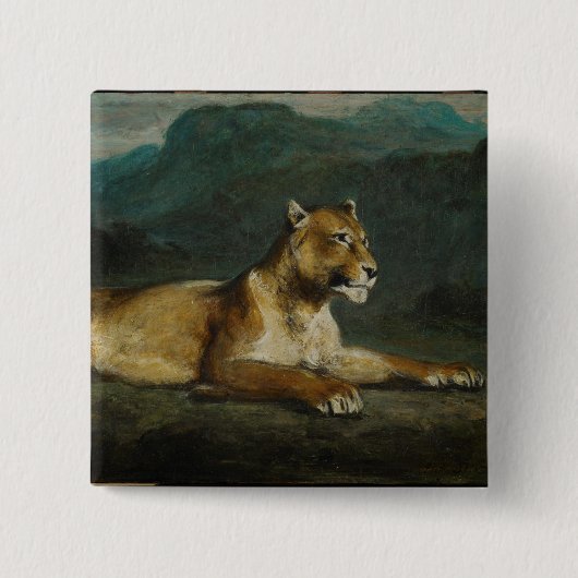 横たわっている雌ジシc.1855 (パネルの油) 缶バッジ (正面)