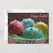横の"ハッピーイースター"のカラフルな卵 シーズンポストカード (正面/裏面)
