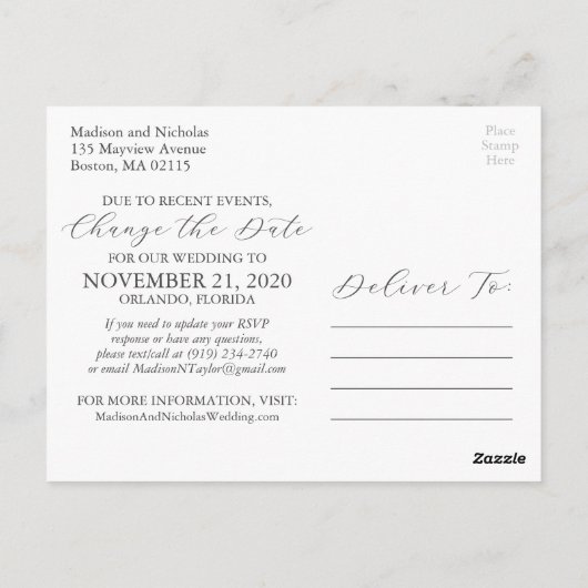 横向き写真結婚の日付はがきの変更 ポストカード (裏面)