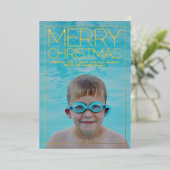 横向き写真 – メリークリスマスアクアブルー金ゴールド 箔シーズンカード (立ち正面)