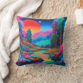 横向サイケデリックきピンク・グリーン・アート クッション (ブランケット)