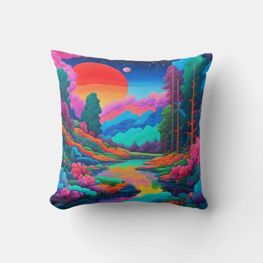横向サイケデリックきピンク・グリーン・アート クッション (正面)