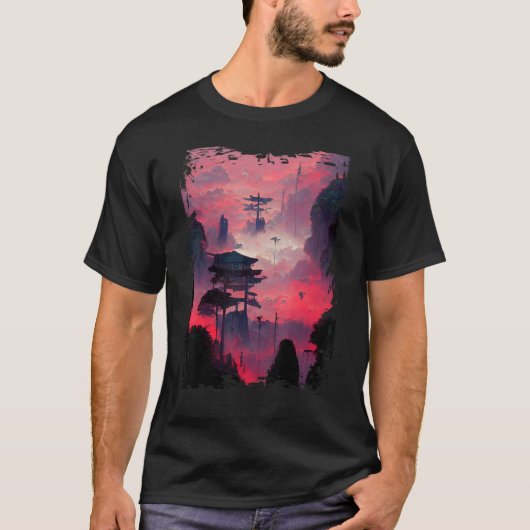 横向日本のきVAPORWAVE山自然1 Tシャツ (正面)