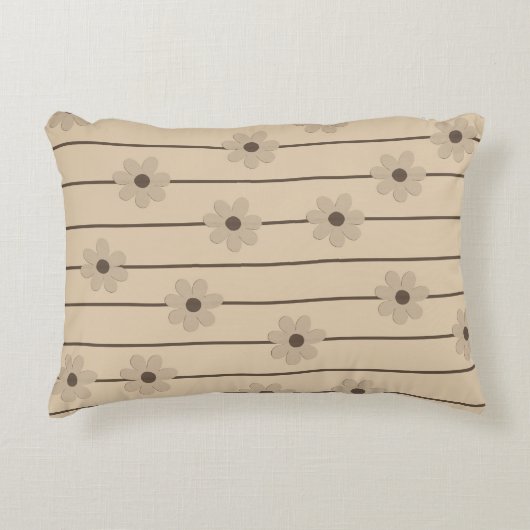 横型ストライプブラウンカーキフラワーY2Kパターン アクセントクッション (正面)