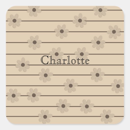 横型ストライプブラウンカーキフラワーY2Kパターン スクエアシール (正面)